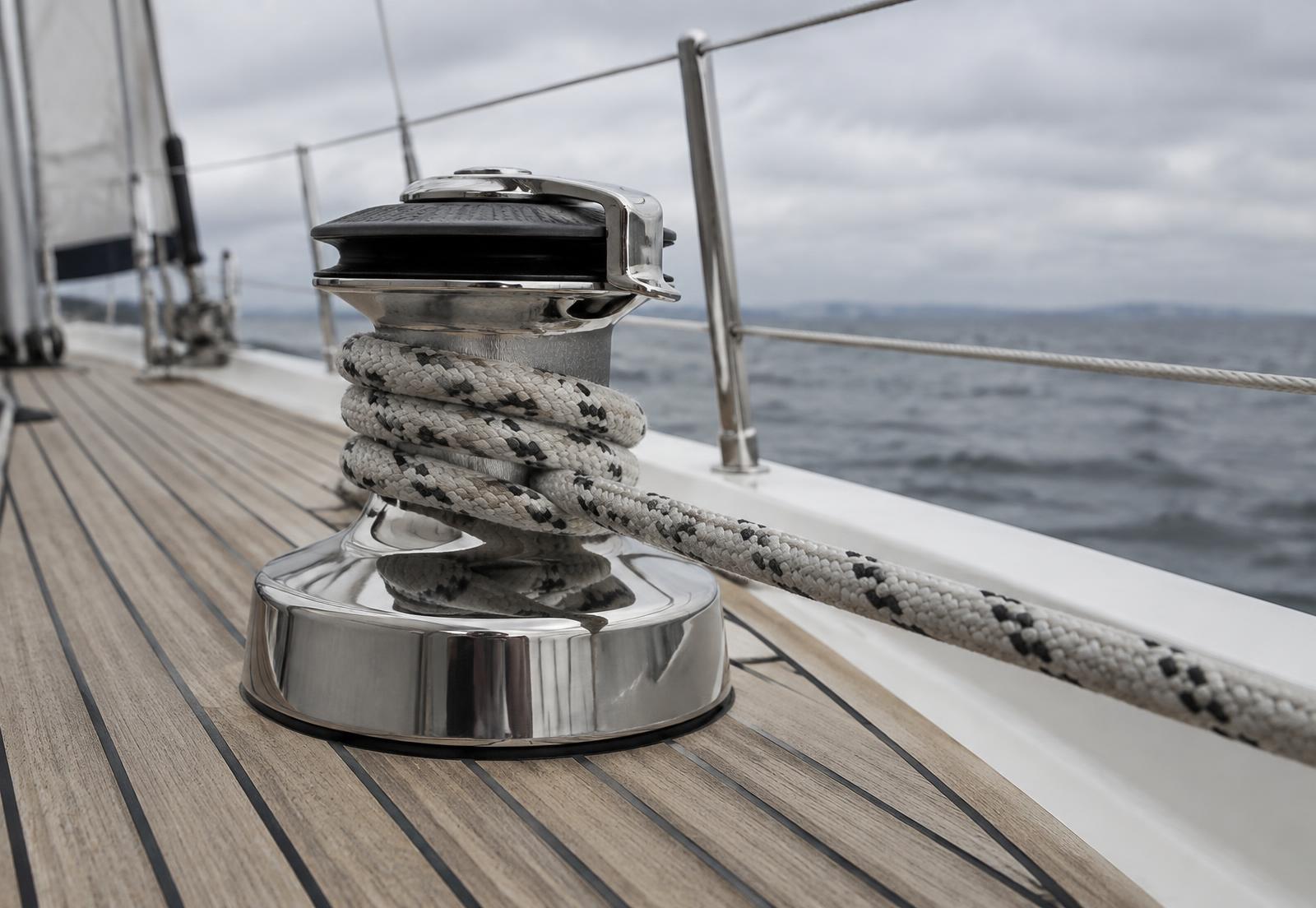 Contemporary sailing detail: a line under tension on a steel winch